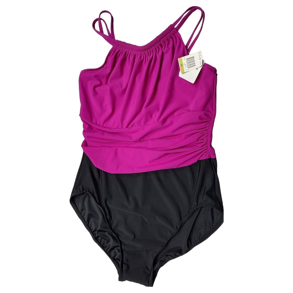 INC Slimming Fuchsia Pink Black Women's Size 14 Swimsuit One Piece New with Tags